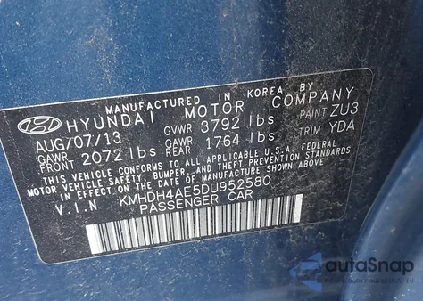 2013 Hyundai Elantra Gls from USA, damaged, VIN KMHDH4AE5DU952580